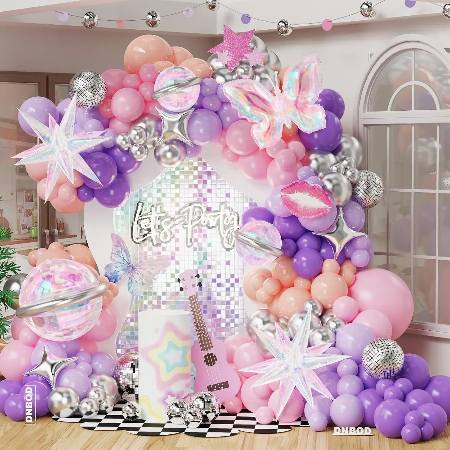 Space Disco Party Balloon Arch Kit,165Pcs Pink Purple Silver Balloon Garland with Iridescent Explosion Star,Planets,Butterfly,Disco Foil Balloons for KPop Music Hunter Back to 80s 90s Party Decoration