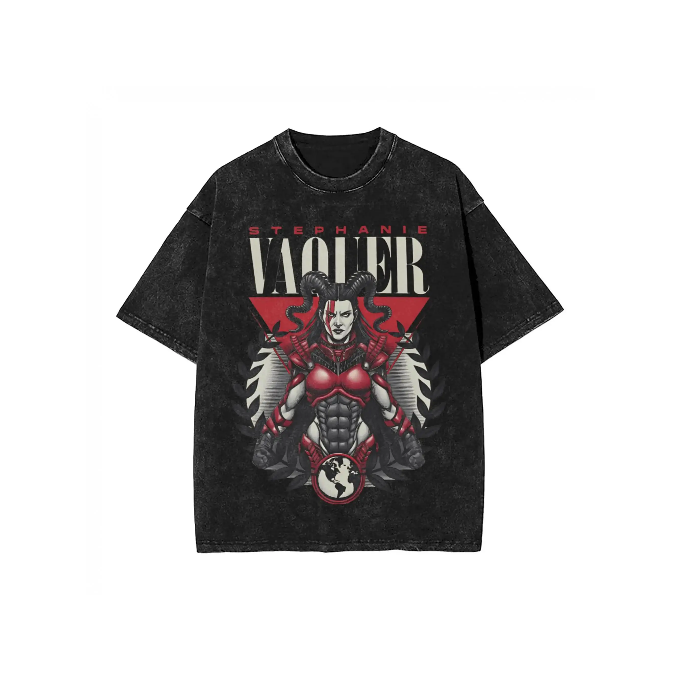 Stephanie Vaquer Graphic T-Shirt, Unisex Vintage Lucha Libre Top in Acid Wash Distressed Cotton, Oversized Loose Fit Grunge Streetwear, Shortsleeve, Menswear, Retro, Print, Stretch, Triangle, Washed