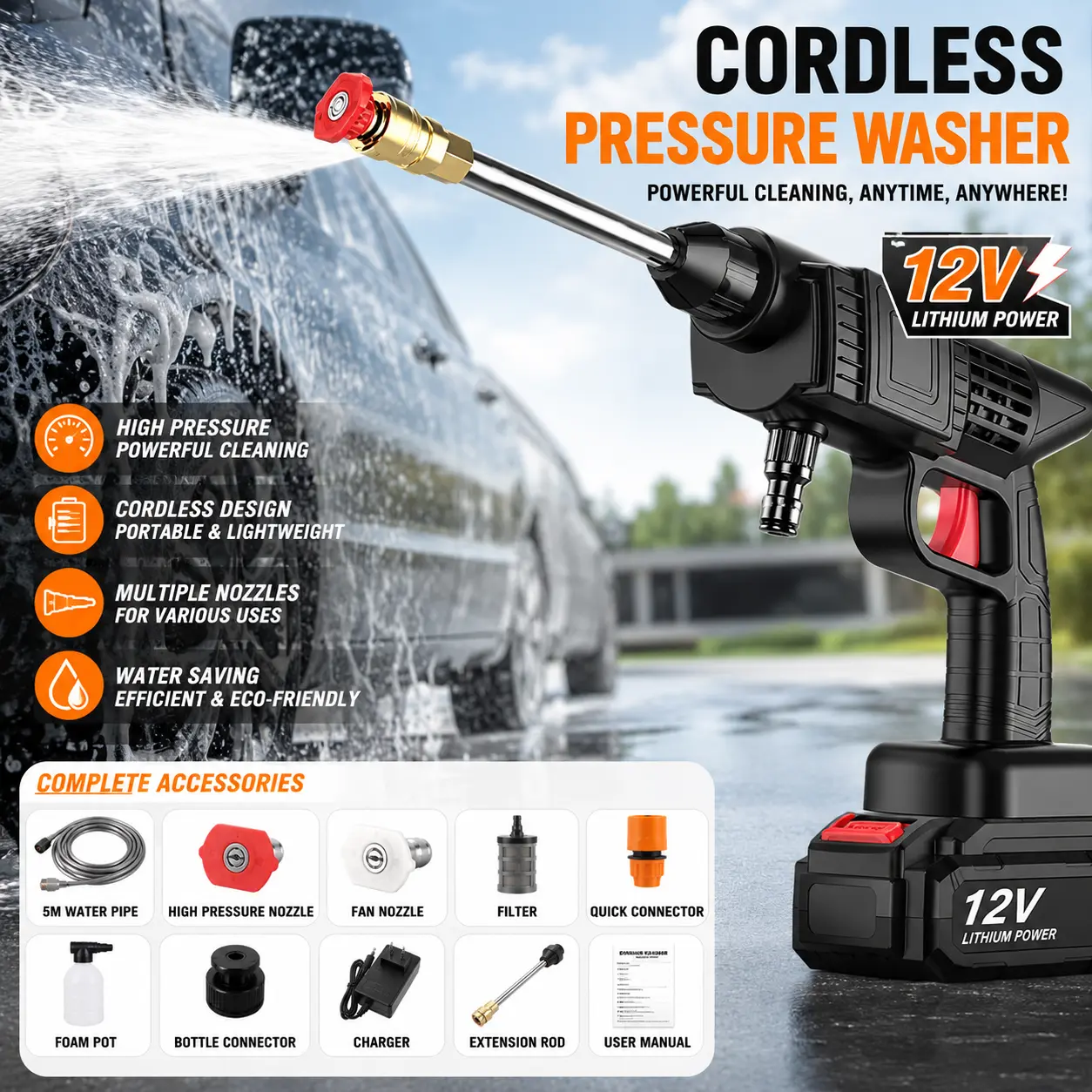 12V Li-Ion Battery Powered Cordless Electric Portable Pressure Cleaner, Copper ABS Long Hose Cleaning Machine, Home Supplies Laundry Tool Accessory for Car Washing, Garden Watering, Pressure Cleaning Machine