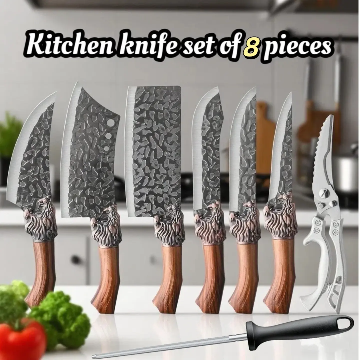 8PC-piece multi-purpose knife set, high-quality professional chef knife set, hand-forged stainless steel knives, including chef knives, multi-purpose knives, bone knives, kitchen scissors and super-sharp scissors with handles, kitchen supplies