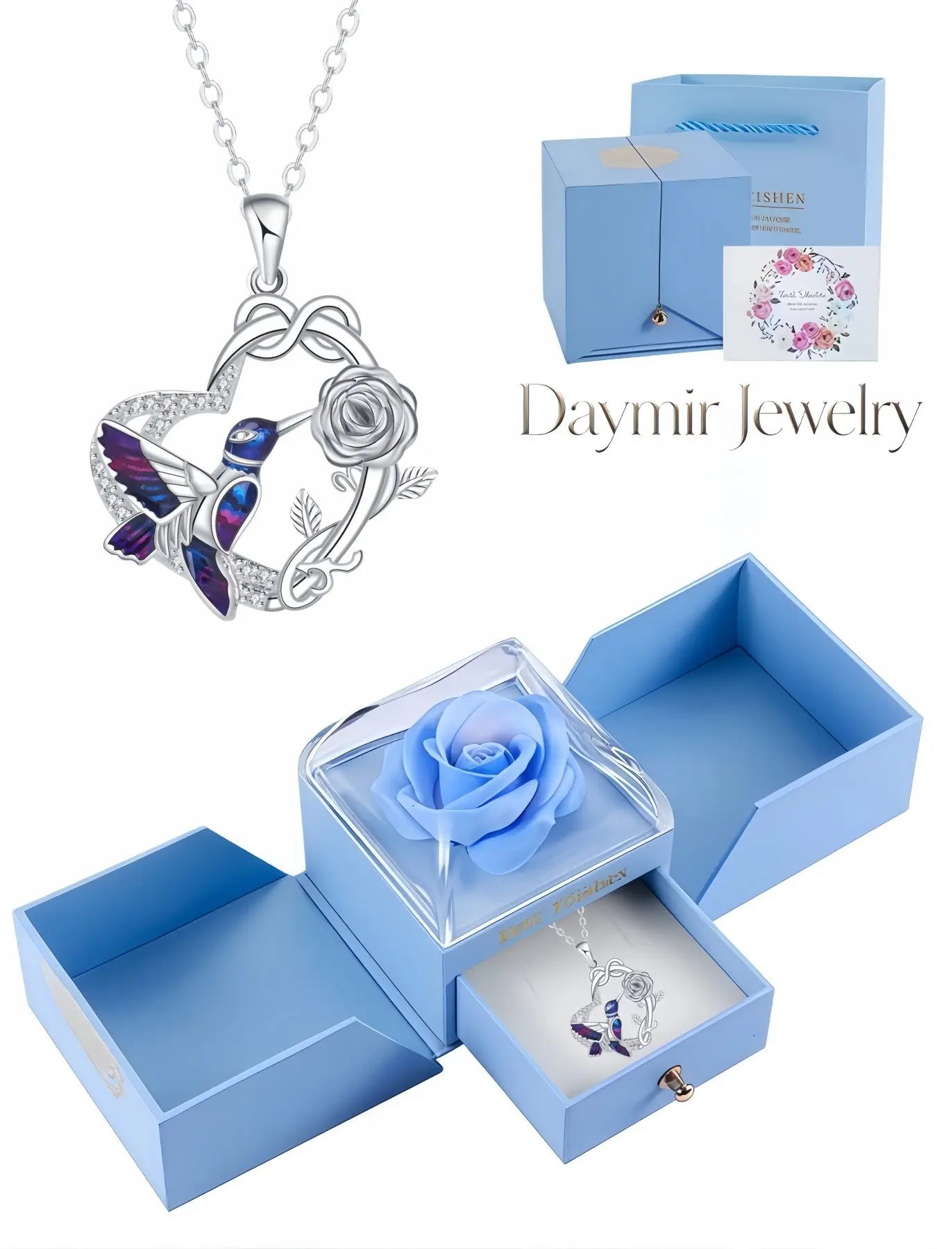 Glamorous hummingbird‑rose inlaid‑diamond necklace with shiny pendant. It is packed in a delicate double‑door preserved rose jewelry box, perfect romantic dating gift for Valentine’s Day, Christmas and special occasions.