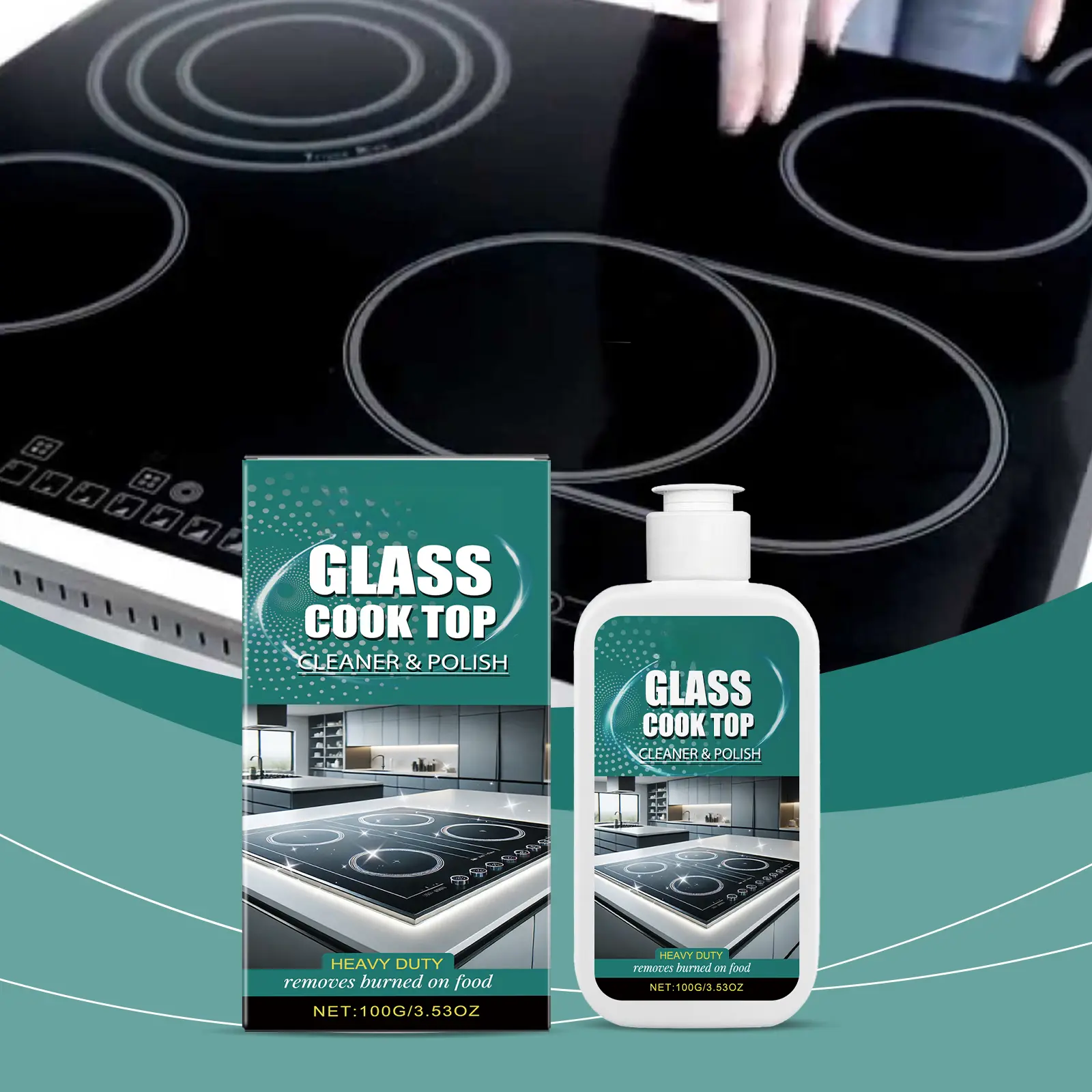 Glass stove cleaning and polishing agent for household kitchen cleaning, stain removal and cleaning of induction and ceramic stoves