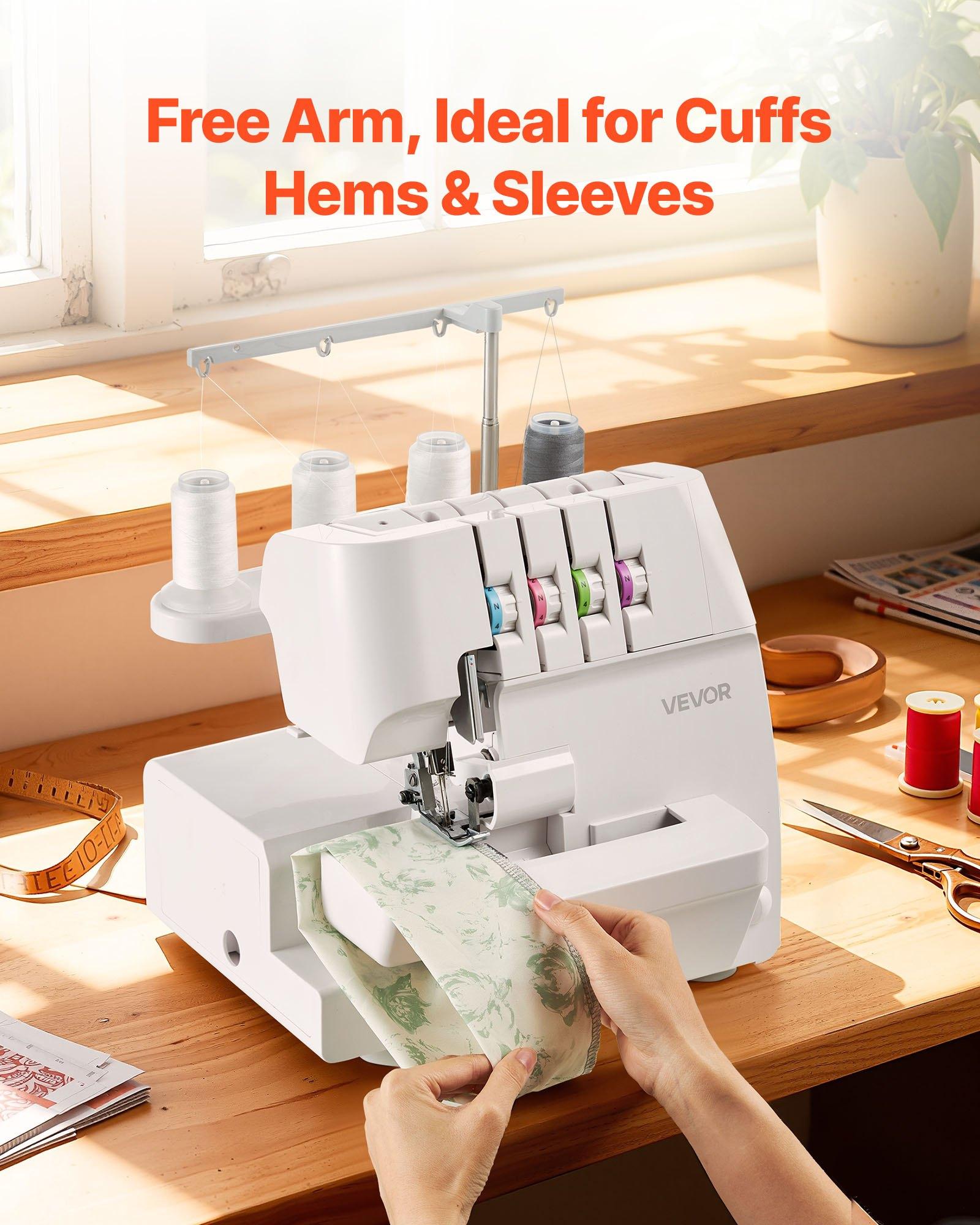 VEVOR Serger Overlock Sewing Machine, 1250 Stitches Per Minute, 2-3-4 Thread Capability, 0.7-2 Adjustable Differential Feed, with Free Arm and LED Light, Sewing Machine for Various Fabrics, White