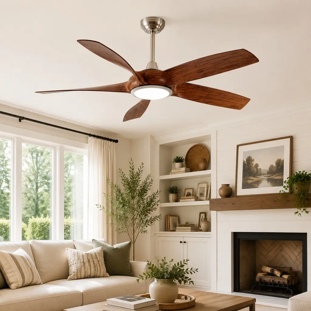 56-in American Traditional Hanging Ceiling Fan with Light & Remote, 5 Curved ABS Blades, Dimmable LED, Brushless DC Reversible 6-Speed Motor, 3 Color Temperatures, Nickel-Wood Finish, ABS/Metal, for Living Room/Bedroom (56.00in W x 56.00in D x 19.50in H)