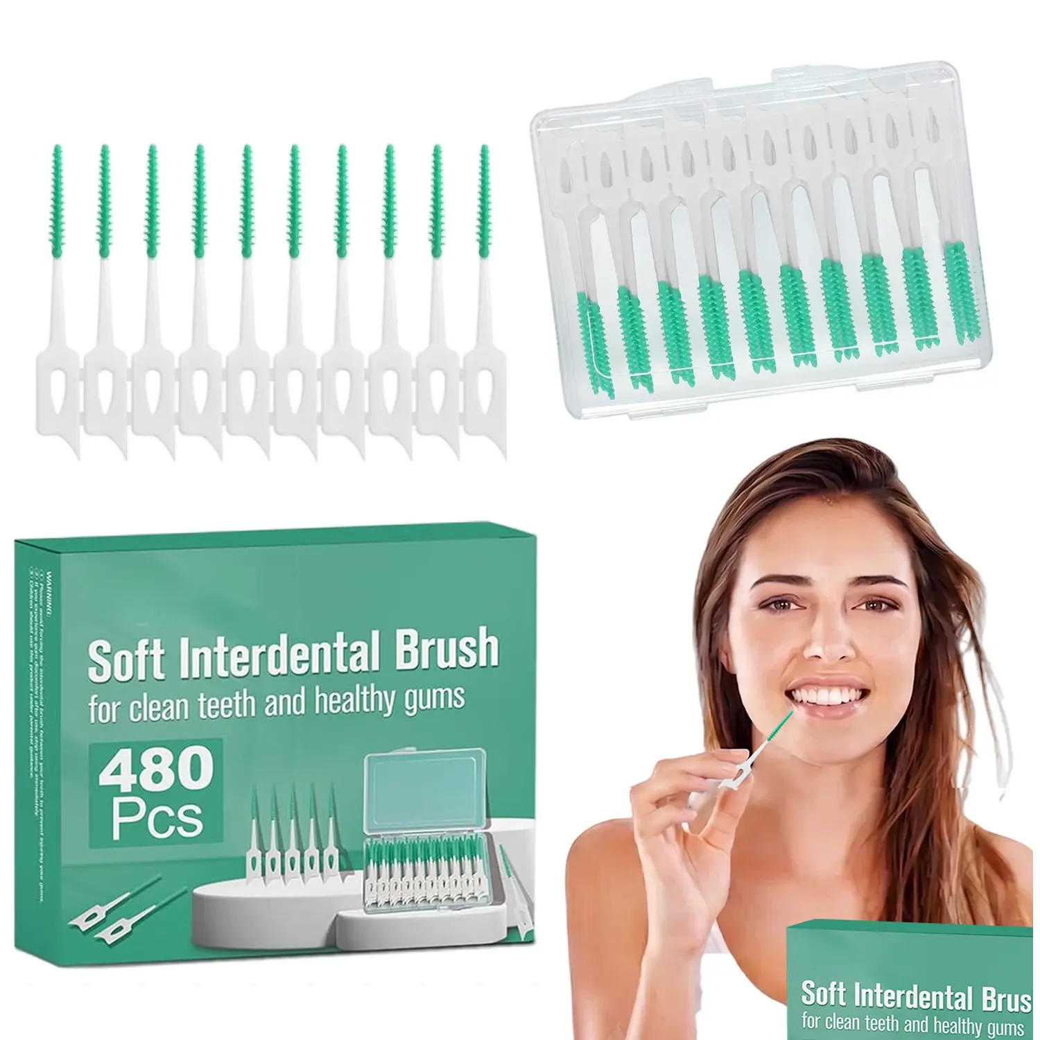 480 Count Green Soft Silicone Interdental Floss Picks, Dual Head Disposable Tooth Cleaning Brushes with 12 Separated Mini Storage Cases, Plaque Removal Dental Tools for Adults, Braces & Bridges Oral Care