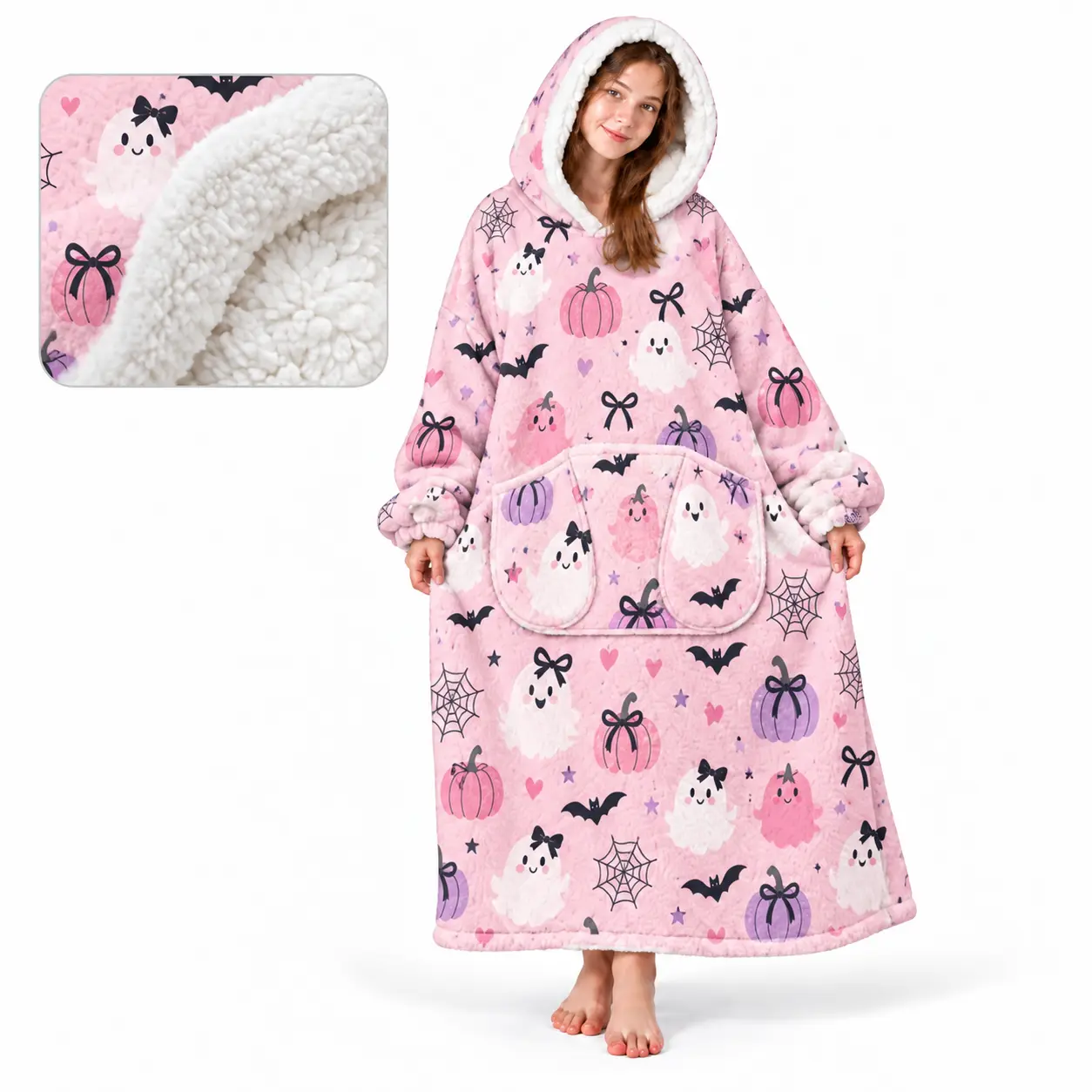 Pink Cute Ghost Halloween Oversized Wearable Blanket Hoodie for Adults, Double-Layer Sherpa Fleece Hooded Robe with Large Pocket