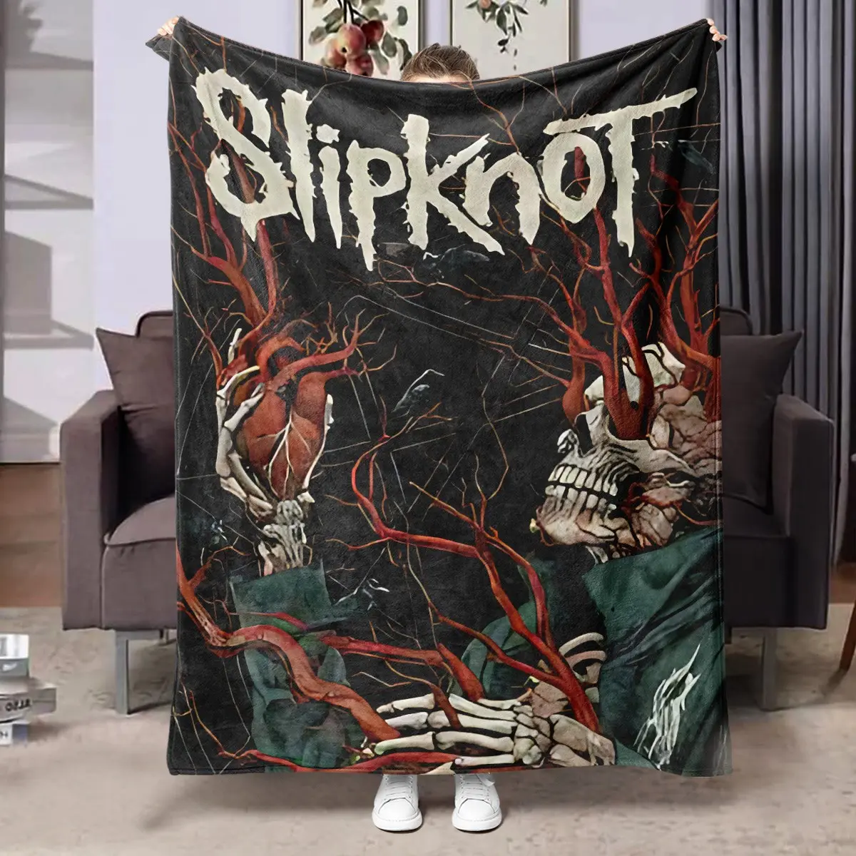 1PC Slipknot Band Skeleton Heart Blood Vessel Dark Rock Print Flannel Blanket, Soft Skin-Friendly Anti-Pilling Machine Washable Lightweight Warm, Suitable For All Seasons For Home Sofa Rest, Bedroom Naps, Solo Movie Watching, Ideal For Heavy Metal Rock Fa