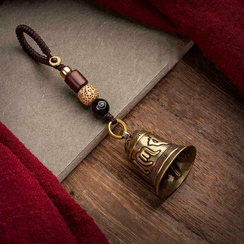 Vintage Brass Bell Pendant Keychain With Handmade Rope Lanyard, Six-Mantra Inspired Decorative Charm, Portable Hanging Ornament for Car Keys and Daily Bag Decoration