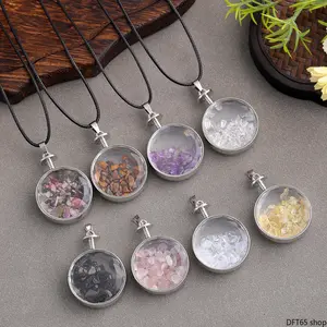 Mini Wish Bottle Pendant Necklace Filled With Natural Amethyst Tiger Eye Mixed Crystal Chips Clear Sealed Glass Shell Polished Alloy Hook Adjustable Thin Cord For Women Daily Tiny Dainty Stackable Decorative Neck Costume Jewelry