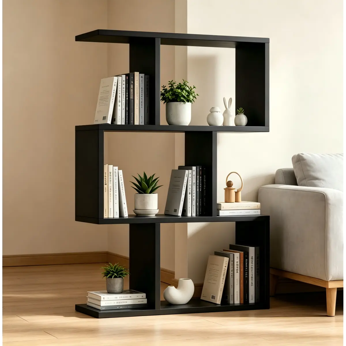 Antique Black Asymmetrical E-Shaped Wall Mount Bookshelf, 27.56"L*9.45"W*37.80"H Melamine Particle Board & MDF Display Shelf, 3 Tier Staggered Open Storage Rack, Space Saving Geometric Floating Shelf for Living Room Bedroom Entryway Home Decor