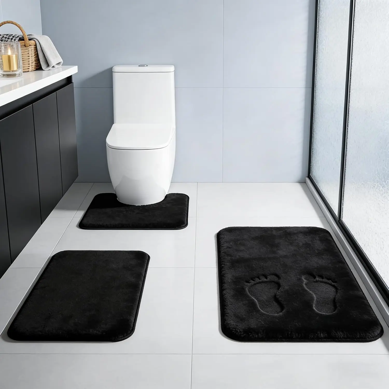 Black Rug Set Bath Mats 3 Piece with Mats, Soft & Supportive, Shock Absorbing, Absorbent, Non-Slip Bath Rugs, Machine Washable, Area Rug, Home Decor Accessories