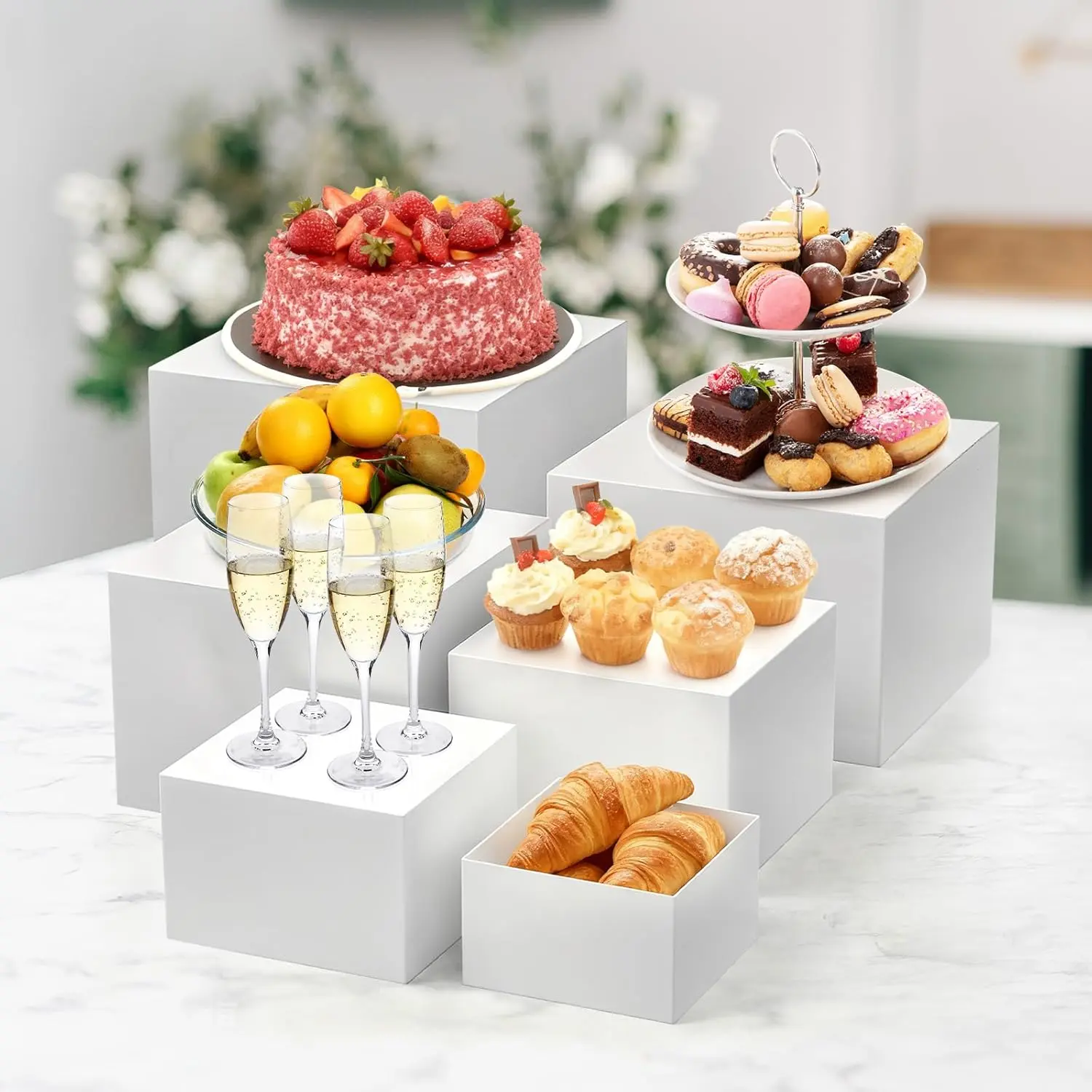6-Piece White Acrylic Buffet Display Risers, Hollow-Bottom Cube Food Stands. Nestable Design for Parties, Catering, Cupcakes, Desserts, Jewelry and Collectibles