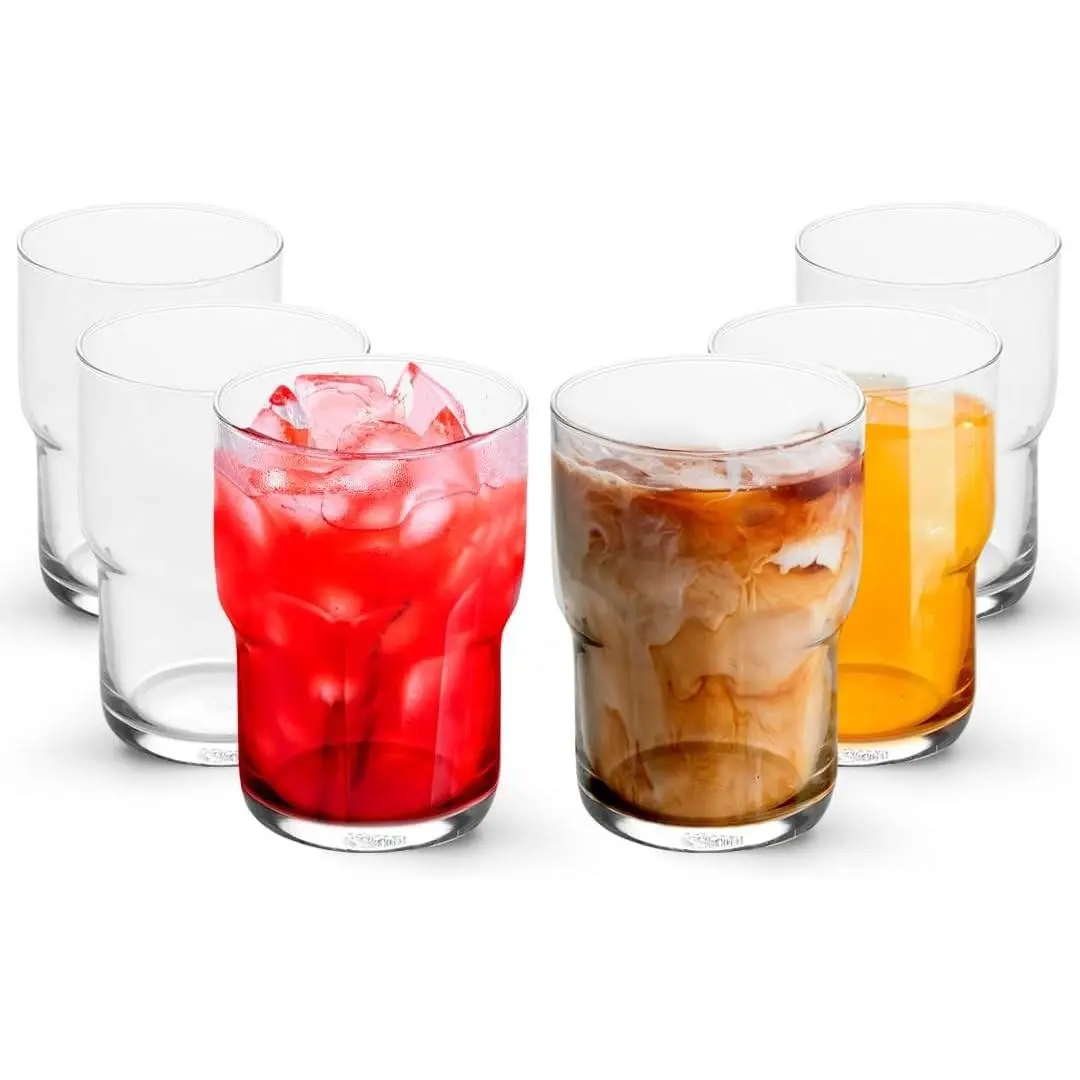 LEMONSODA Stackable Iced Coffee Glasses, 15oz Drinking Glasses, Set of 6 | Heavyweight Dishwasher Safe Clear Glass Cups & Glassware Set For Lattes, Tea, Coffee & Water, 48-15 & 21oz Drinking Cups