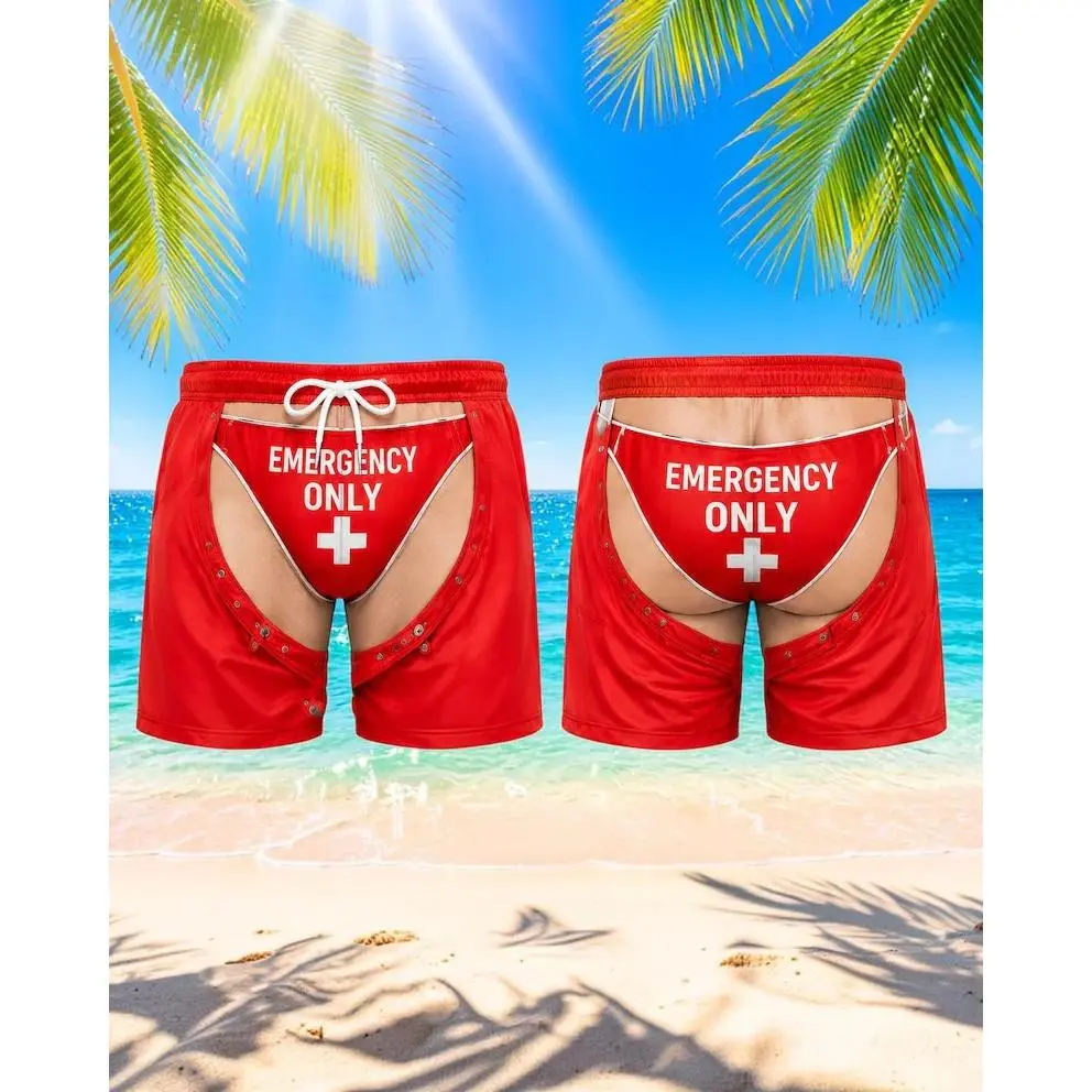 Novelty 3D Printed Lifeguard Swim Shorts Emergency Only Snap Button Chaps Boardshorts with Mesh Lining, Funny Gag Gift For Men Husband Boyfriend Summer Beach Party Pool Swimwear