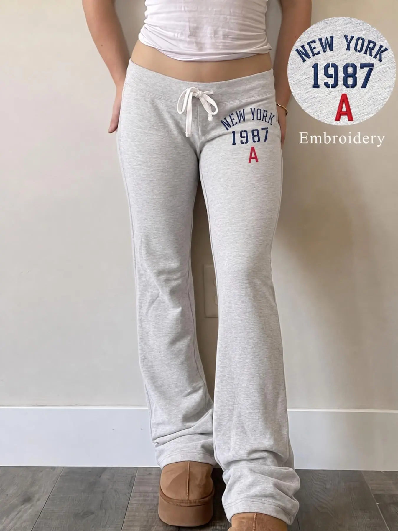 Women Y2K New York 1987 Letter Graphic Low Waist Drawstring Flare Sweatpants, Vintage Retro Bootcut Casual Jogger Pants, Soft Fleece Knit Streetwear Trousers, For Daily Loungewear, Sports Fitness, Vacation Shopping Going‑Out Pants For Ladies Teen Girls