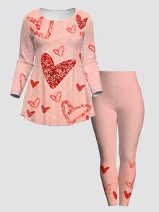 Women's Plus Size Valentine's Day Heart Print Set, Top and Pants Two-Piece, Fashionable Slim-Fitting Casual Wear