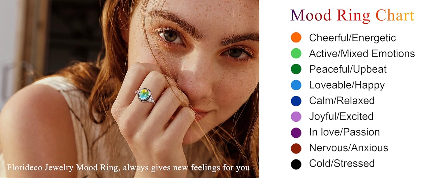 Exquisite 925 Sterling Silver Mood Rings Moonstone for Women Vintage Handmade Victorian Rings Oval Solitaire Ring 18K White Gold Plated Color Change Mood Rings Trendy Womens Jewelry