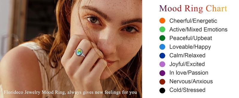 Exquisite 925 Sterling Silver Mood Rings Moonstone for Women Vintage Handmade Victorian Rings Oval Solitaire Ring 18K White Gold Plated Color Change Mood Rings Trendy Womens Jewelry