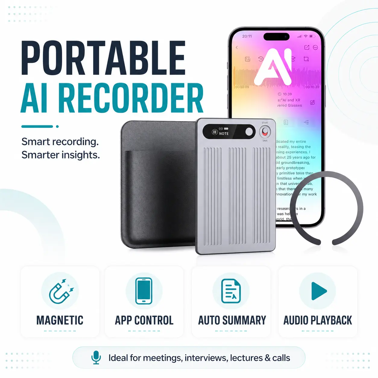 Magnetic AI Voice Recorder Device, 64GB Storage, App Control (iOS/Android), 80+ Language Transcription, Auto Summary & Audio Playback for Meetings, Interviews, Lectures
