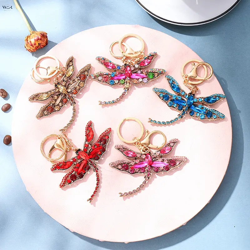 Rhinestone Crystal Dragonfly Keychain for Women, Sparkling Encrusted Dragonfly Charm Key Ring with Lobster Clasp, Glitter Metal Pendant Bag Purse Handbag Decoration Accessory 5 Colors Mixed‑Color Blue Pink Coffee Red