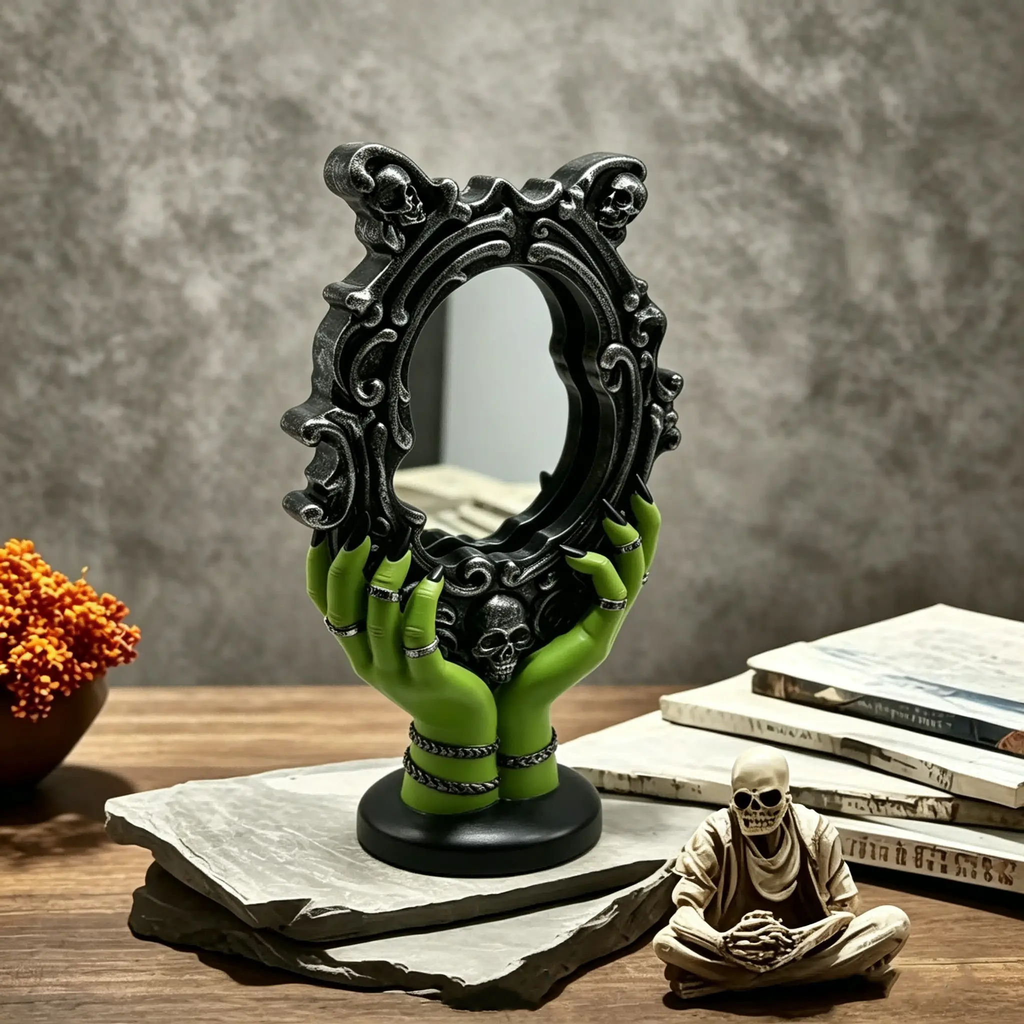 Gothic Vampire Handheld Mirror Ornament, Resin Glass Material, Skull Accent, Vanity Desk Decor, Unique Gothic Style Decoration