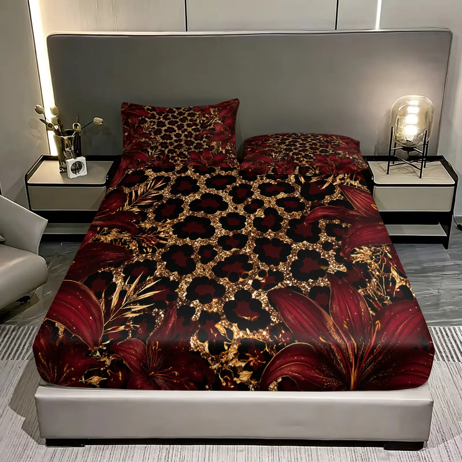 3-piece wine red gold leopard print lily flower printed bedding set, with 25cm deep pockets, including 1 bedspread and 2 pillowcases (without filling material), suitable as a holiday gift for friends, applicable for bedrooms, guest rooms, dormitories 3-piece wine red gold leopard print lily flower printed bedding set, with 25cm deep pockets, including 1 bedspread and 2 pillowcases (without filling material), suitable as a holiday gift for friends, applicable for bedrooms, guest rooms, dormitories