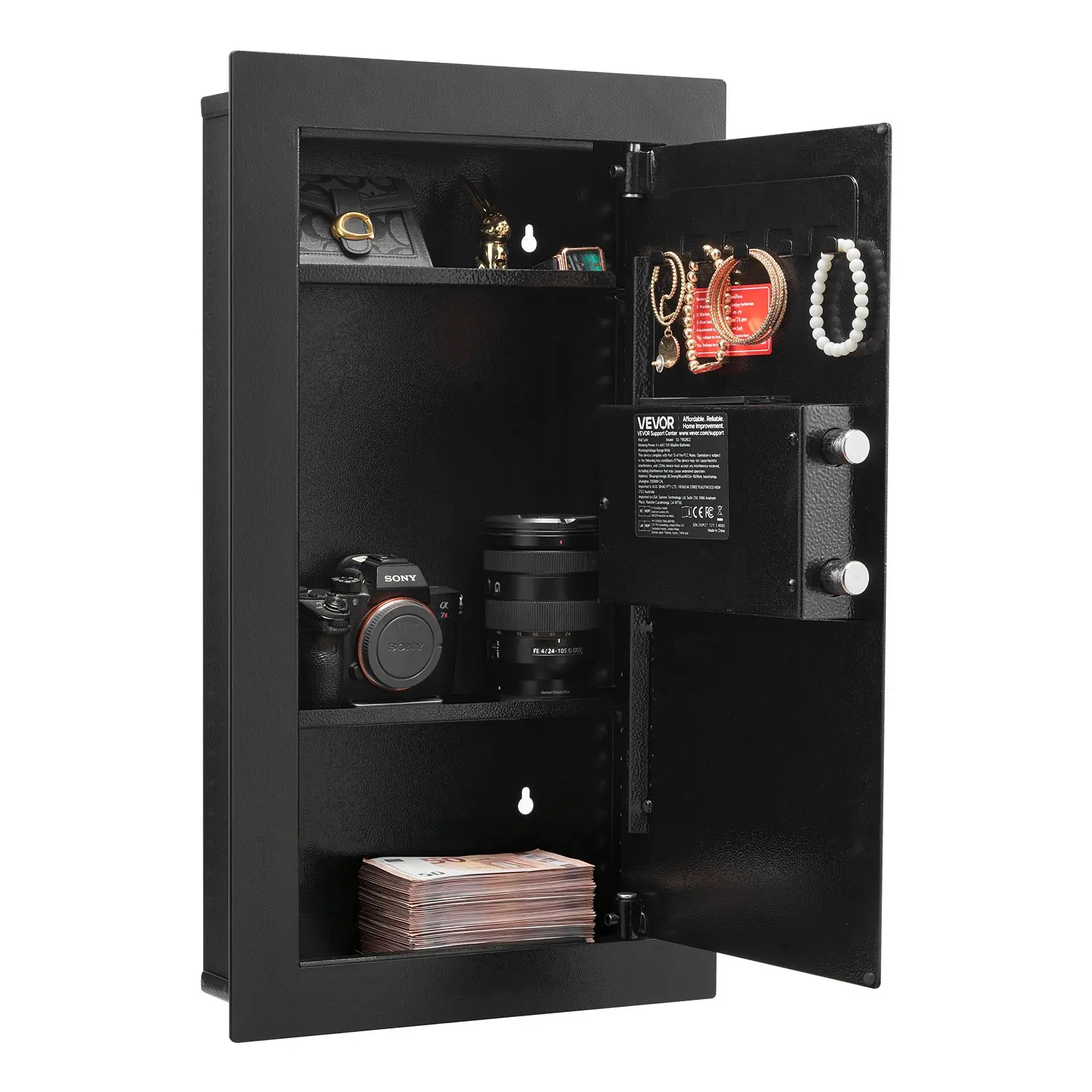 VEVOR Wall Safe, 3-Tier Hidden Wall Mounted Safe with Password & Key, Q235 Cold-Rolled Steel In-Wall Box with LED Lighting, 2 Adjustable Shelves & 5 Key Holders for Money, Jewelry, Passport, Black