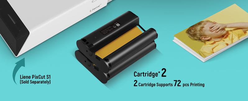 Liene Photo Paper & Cartridge, 2 Ink Cartridge Refill & 72 sheets photo papers, 4x6", Dye Sublimation, Water & Oxidation-Proof, Compatible w/Liene PixCut S1 Photo Sticker Printer and Cutter