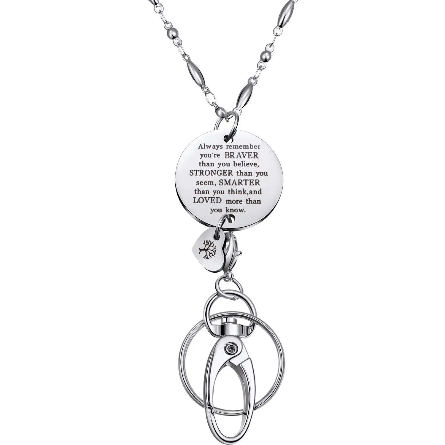 Women's Engraved ID Badge Lanyard with ID Badge Holder - 34-Inch (91 cm) Stainless Steel Hand-Welded Chain, Synthetic Material, Inspirational Engraved Charm, Multi-Use Strap for Teachers