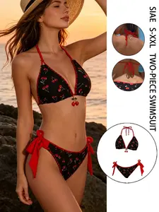 2-Piece Tight-Fit Backless Swimsuit Set, Split Bikini Digital Print Top, Slimming and Height-Enhancing, Adjustable Straps, Women's Swimwear