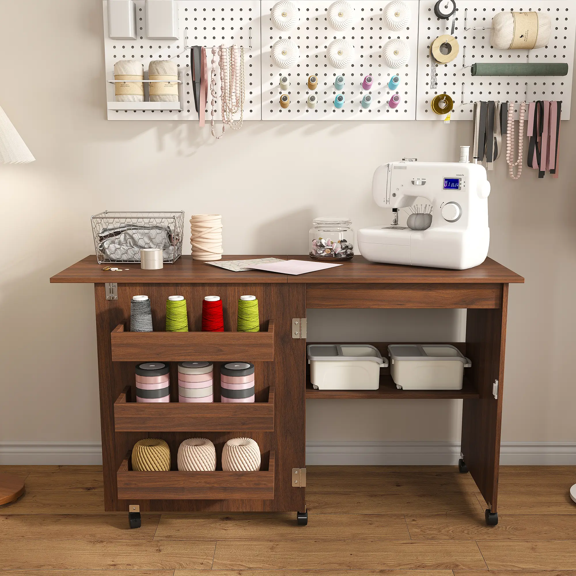 ARCH Walnut 4-in-1 Folding Sewing Table with Lockable Wheels, Multi-Functional Craft Station, End Table, Computer Desk & Kitchen Storage with Shelves, Rolling Sewing Machine Table for Apartments, MDF, 15.75 W x 45.67 D x 30.71 H in