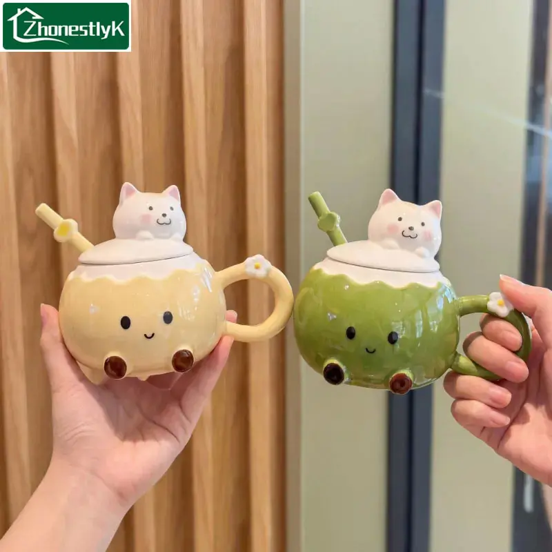 Creative Smiling Cat Ceramic Coffee Mug 3D Cute Coconut-Shaped Milk Juice Cup with Lid, Spoon, and Stirring Stick Cute Expression Desktop Decoration Party Gift