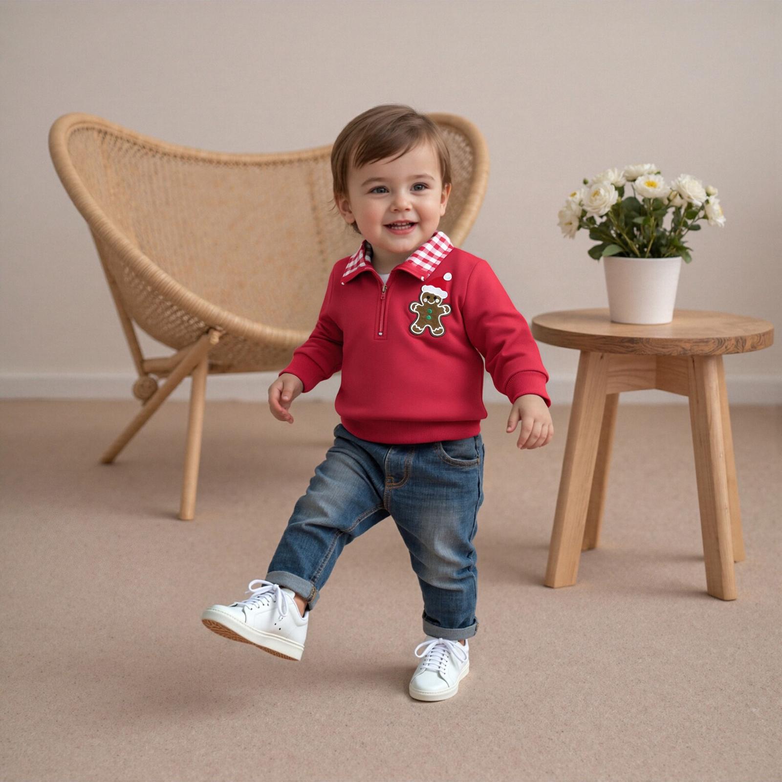 Baby Boy Christmas Sweatshirt Gingerbread Man Embroidery Long Sleeve Lapel Zip Front Pullover Tops 6M-4Y