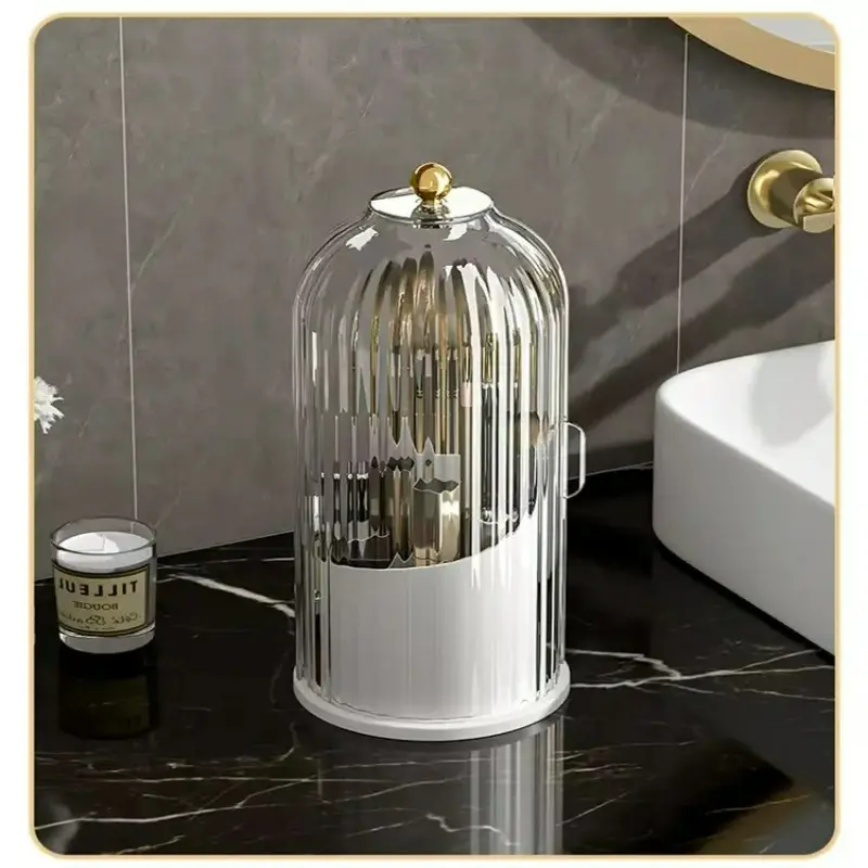 Concealed Toothbrush Holder, Rotating Bathroom Organizer Countertop, Toothbrush Holders with Cover, Bathroom Counter Organizer with Covered Makeup Brush Holder (1pcs White)