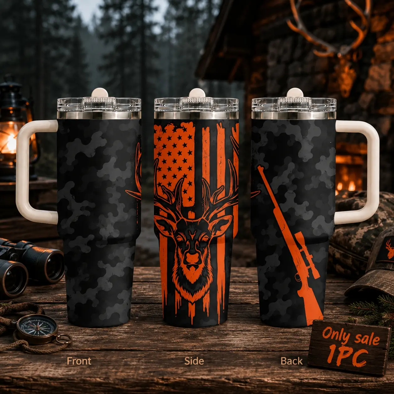 US Camouflage Deer Hunting Vacuum Flasks 40oz 3rd Gen Vacuum Insulated Tumbler with Handle & Straw Lid, Leak-Proof Stainless Steel Travel Mug for Water, Coffee, Gym, Office, Car Cup Holder