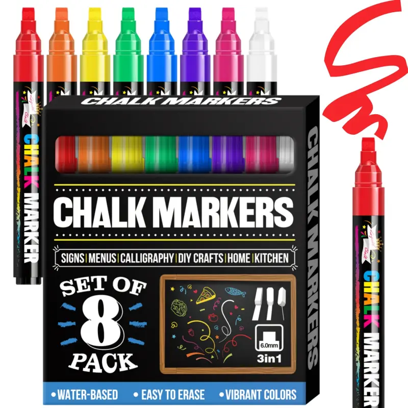Window Chalk Markers for Glass Washable, 8 Colors Jumbo Liquid Chalk Marker Optional 1mm/6mm 3 in 1 Nib Thick Wide Tips, Big Chalkboard Markers, Car Paint Pen for Auto, Bistro, Mirror, Poster, Blackboards
