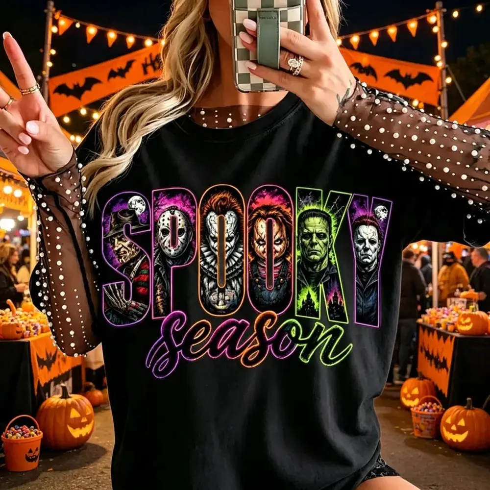 Neon horror Halloween shirt, vintage horror movie pattern T-shirt, vintage horror character T-shirt, Halloween autumn clothing, T-shirt promoting innocence and purity
