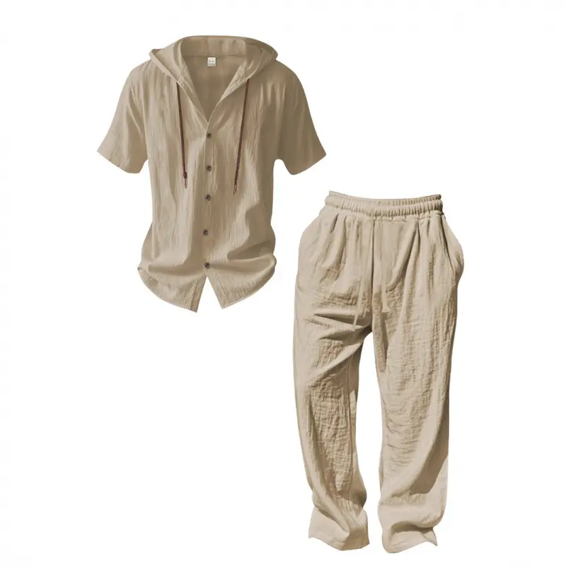 Men's Linen 2-Piece Hooded Shirt & Long Pants Set, Sport-Casual Suit