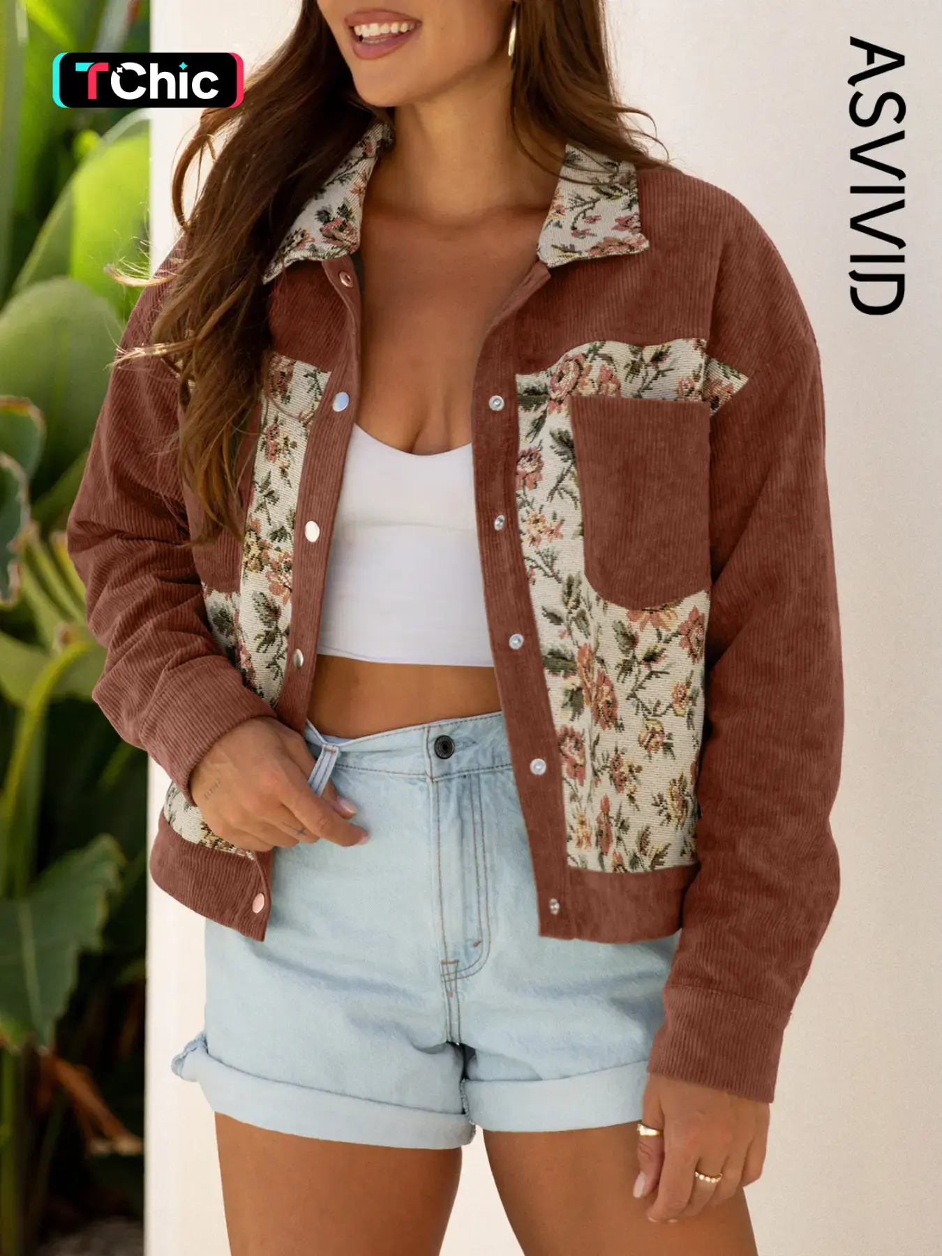 Women's Casual Ribbed Retro Floral Patchwork Shirt Style Jacket, Long Sleeve Outerwear, Snap Closure, Spring & Fall Fashion