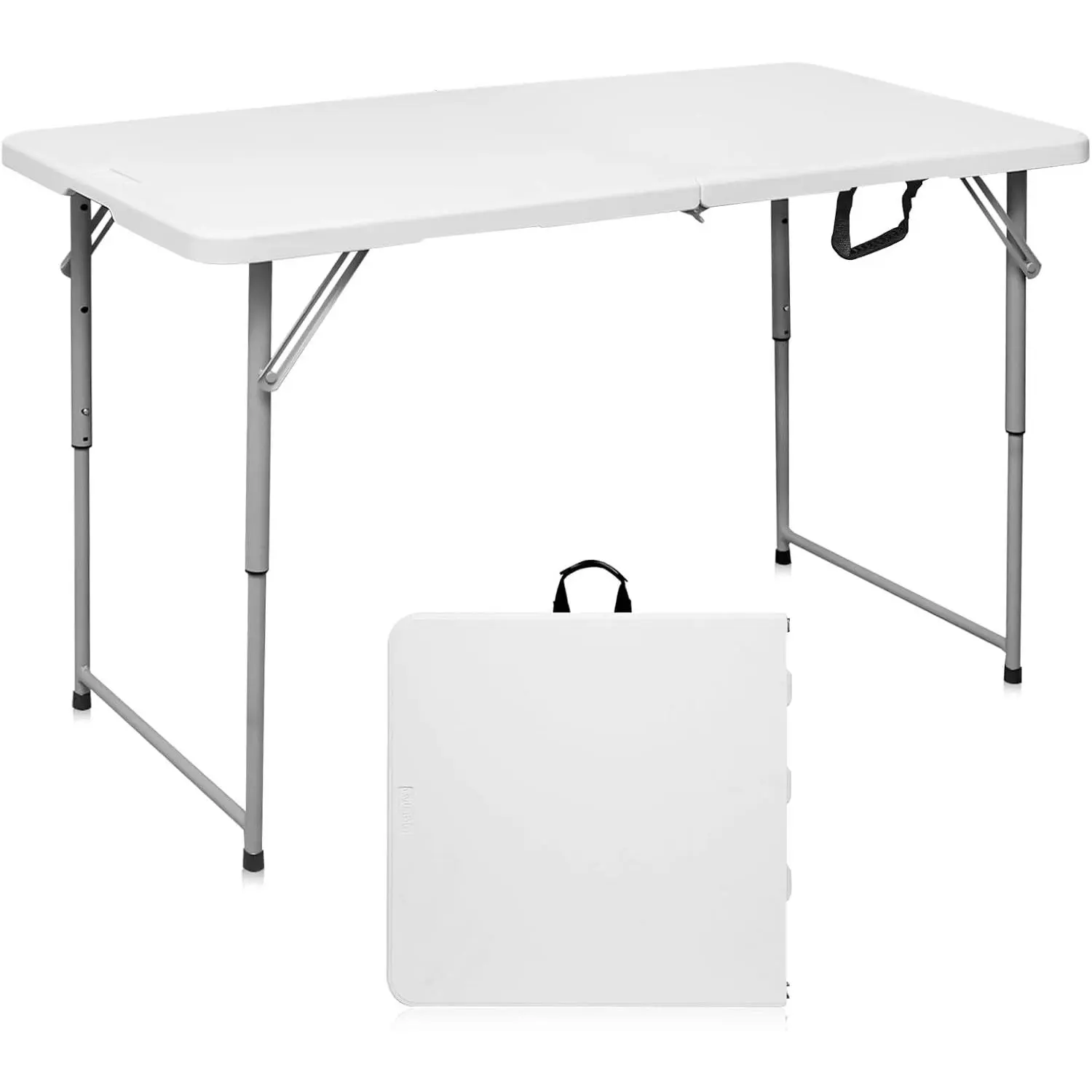 Folding Table 4 Foot,Portable Heavy Duty Plastic Utility Table,White | Adjustable Height,HDPE Tabletop,Small Fold-in-Half Design,Carrying Handle,Indoor Outdoor Use for Camping,Party