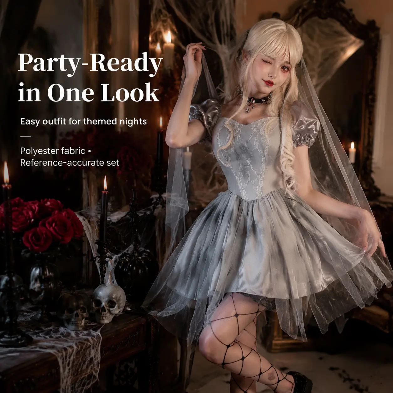 Women Ghost Bride Costume Gray Tulle Short Dress With Veil Gothic Zombie Bride Outfit Adult Halloween Cosplay Fancy Dress Party Suit
