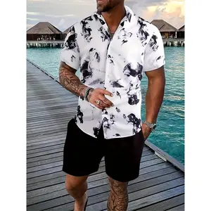Summer Casual Men'S 2pcs Set with Hawaiian Short Sleeve Lapel Shirt and Solid Color Shorts, 100% Polyester Woven Non-Stretch Fabric, Printed Button-Up Top with Regular Fit, Casual Woven Shorts Outfit