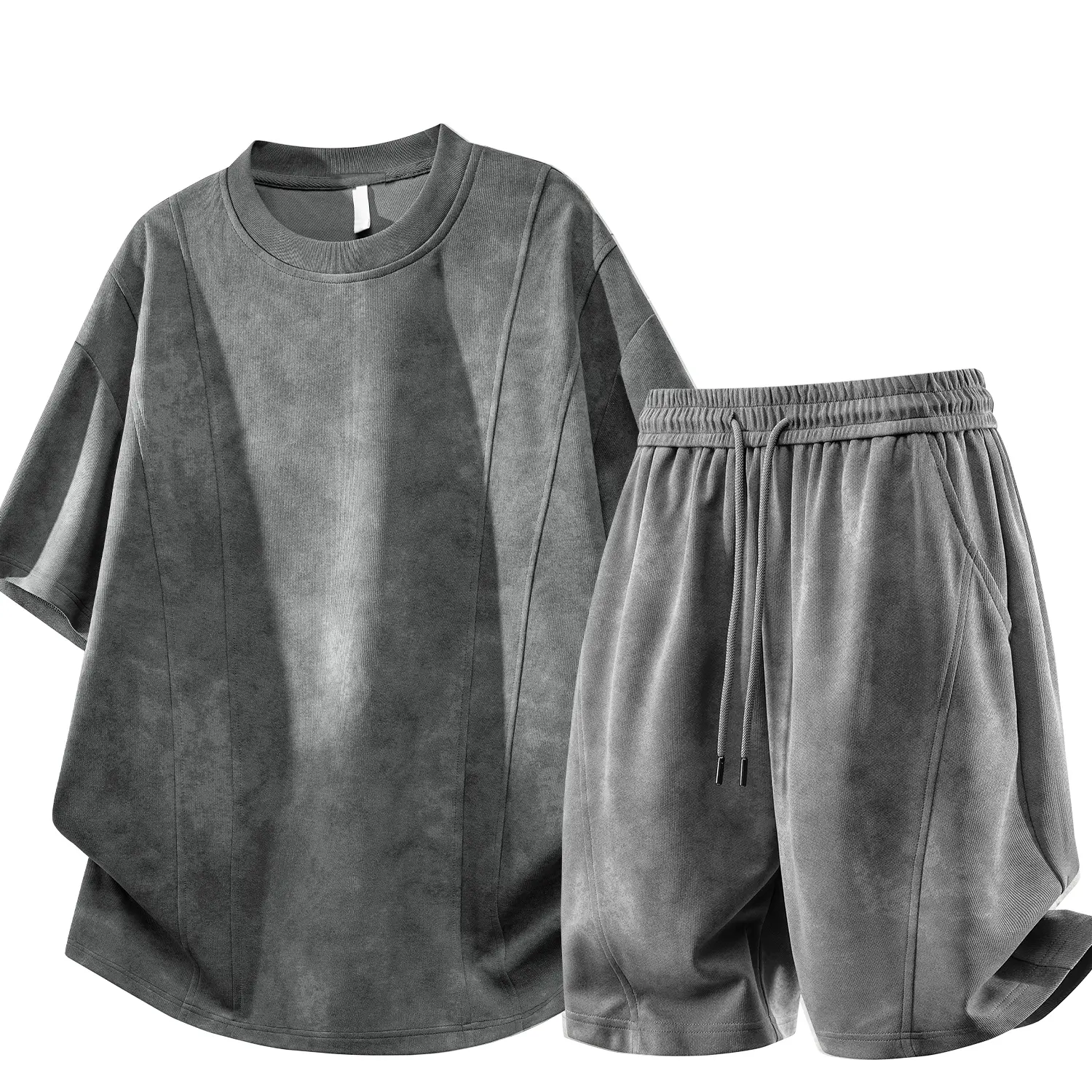 Men's Casual Suit Summer Fashion Tie-Dye Shoulder Zipper Design Round Neck T-Shirt and Shorts Two-Piece Set