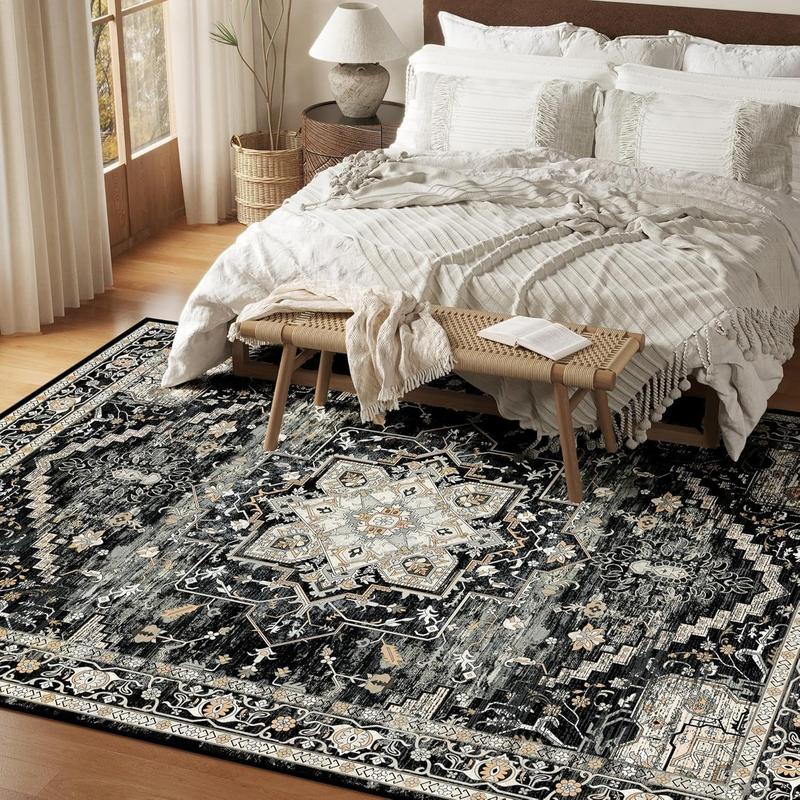 8x10 Washable Area Faux Cashmere Rug for Living Room, Non-Slip Soft Boho Vintage Medallion Carpet, Low Pile Distressed Rugs for Bedroom, Dining Room, Home Offi