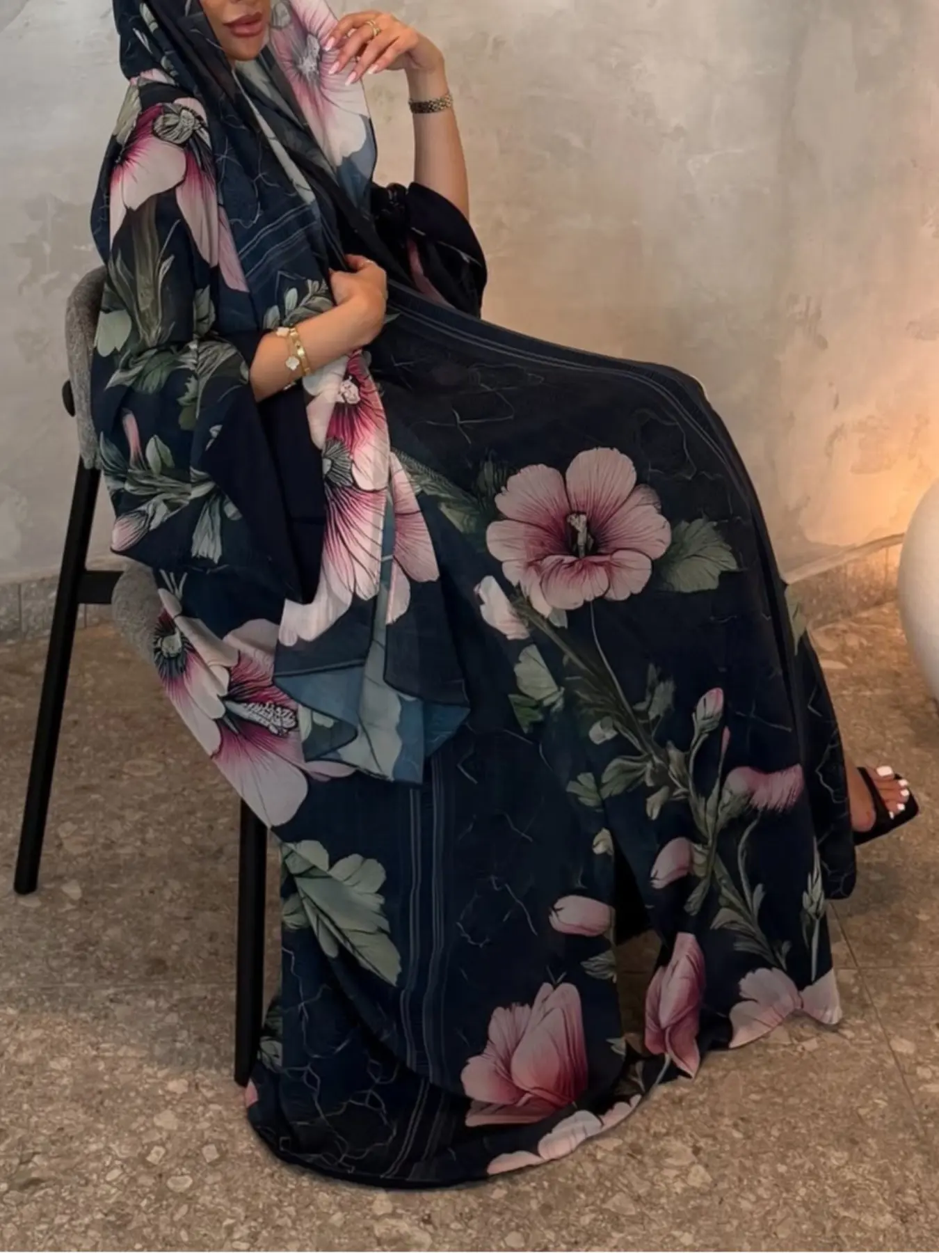 Vintage Large Floral Print Long Cardigan Set, Breathable Lightweight Baggy Loose-Fit Long Sleeves Outerwear + Headscarf, All-Seasons Casual Women's Fashion Clothes