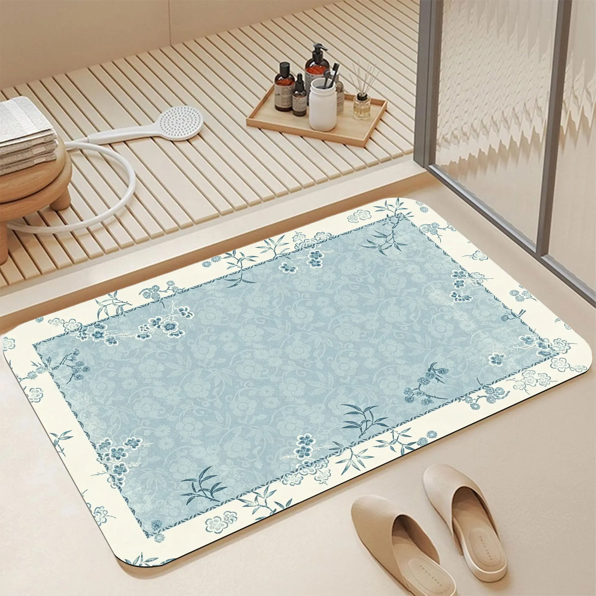 16*24 Inch Dusty Blue Chinoiserie Border Plum Bamboo Floral Diatomite Bath Mat, Fast Water Absorbent Non-Slip Quick Dry Bathroom Rug, Faded Damask Subtle Inner Vine Vintage Toile Print, Stain Resistant Washable Japandi Cottagecore Coquette Shower Mat for