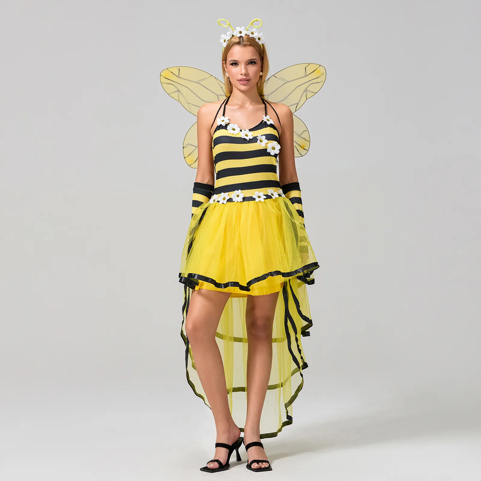 Women Bee Queen Halloween Cosplay Costume, Bee Fancy Party Dress Set with Wings, Headband and Arm Sleeves Check Clothes Light Stripe