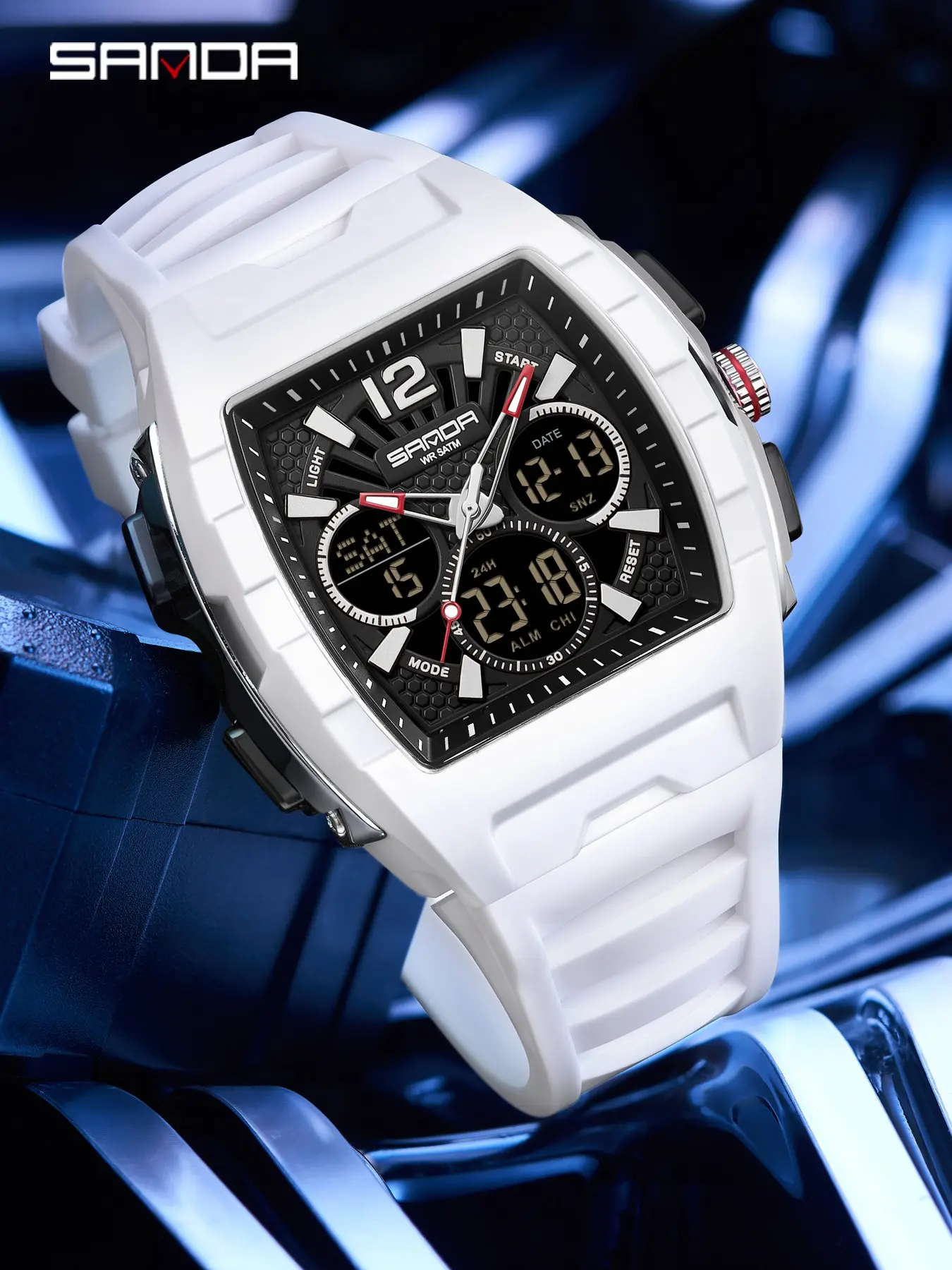 1pcs Sanda3396 Watch, Large Dial Sporty LED Analog-Digital Timer, Military Style Dual Display Electronic Watch, Round Face, Quartz Movement