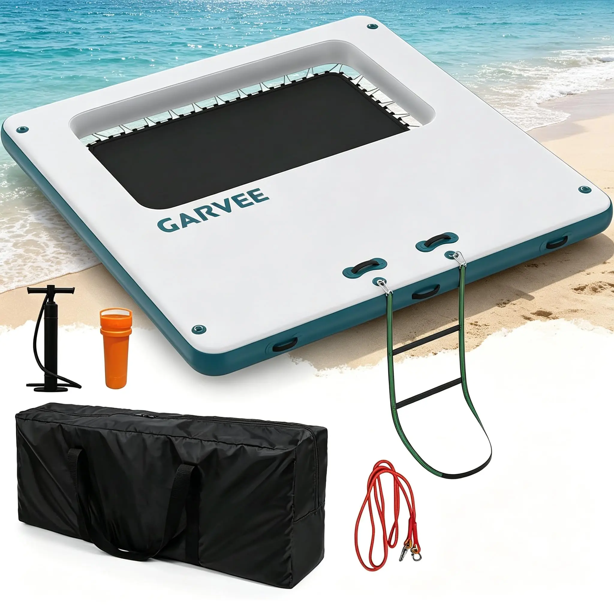 Garvee 7*4 ft Inflatable Floating Dock,Square Inflatable Dock Floating Platform with Mesh Swim Area,Non-Slip EVA Platform and Rope Ladder,Boats,Pool,Lake,Beach,Ocean