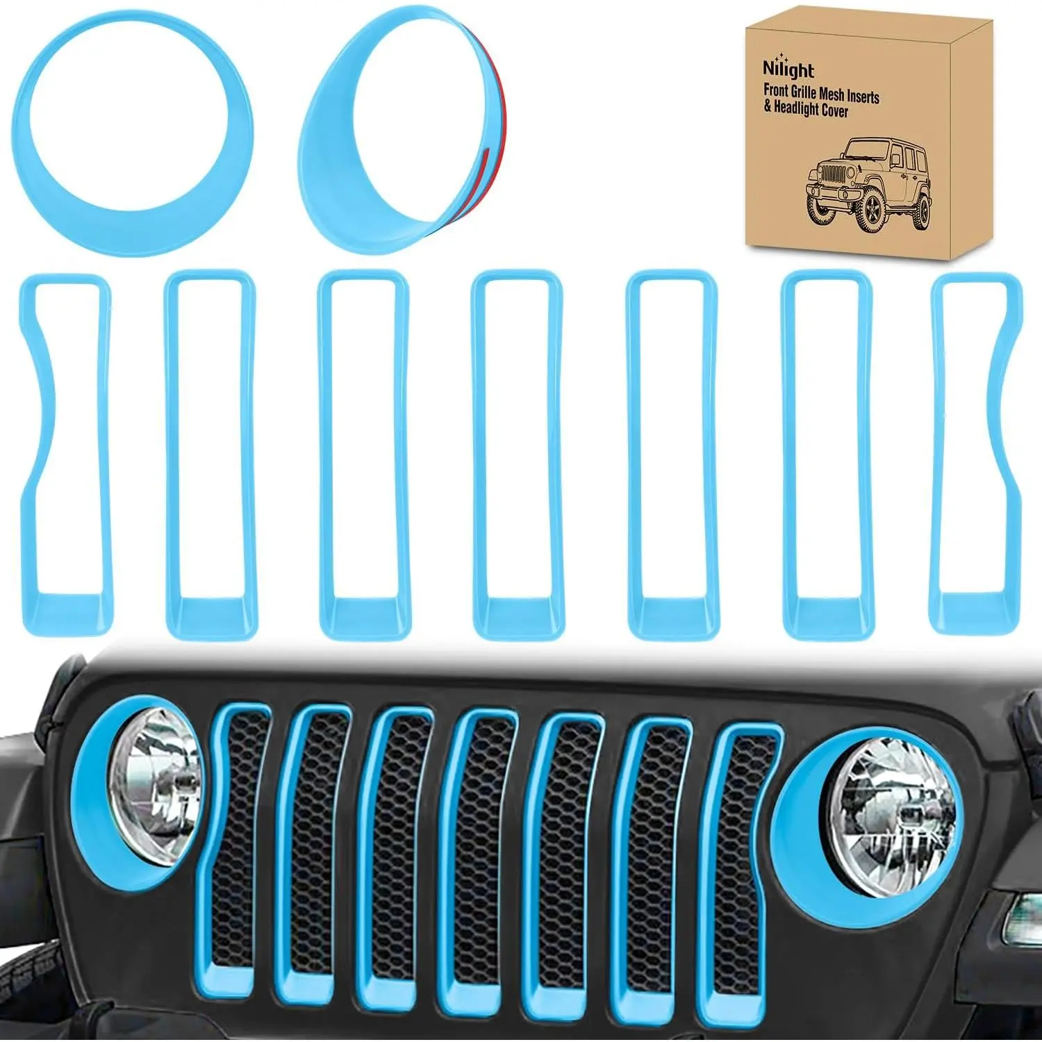 Nilight Grill Inserts & Headlight Cover Set for Jeep Wrangler JL JLU Unlimited Sport SportS 2018-2023, 9 Pcs Grille Bezels Trim & 2 Pcs Covers, High-Strength ABS Car Accessories with Strong Double-Sided Tape (Blue/Pink/Red)